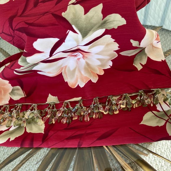 Dark Red Floral Wrap or Scarf with Beads at End - Picture 7 of 7